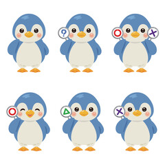 ○×△の札を持った青いペンギンのキャラクターイラストセット