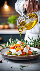 Close-up of chef pouring olive oil over a salad of vegetables and cheese