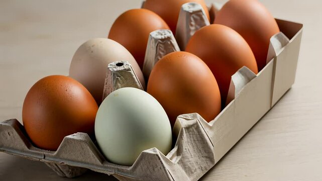 Fresh brown and white chicken eggs in a carton on a table, healthy food and cooking ingredient footage.