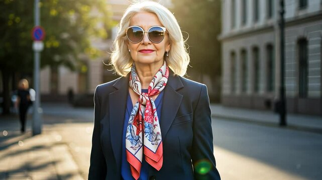 Stylish woman in sunglasses walks along city street looking confident. Elegant older lady enjoying urban life.