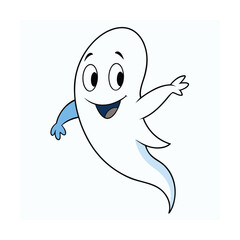 Friendly cartoon ghost floating joyfully through the air on a clean white background