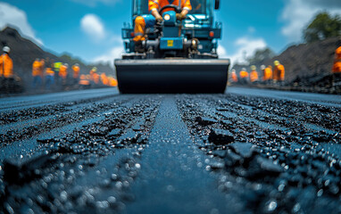 Close-up of road roller on freshly laid asphalt. Workers visible in background