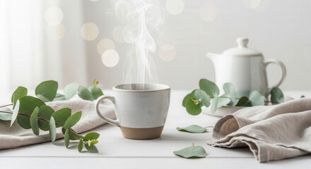 Fototapeta premium Cozy Morning Rituals: Tea, Eucalyptus, & Serenity