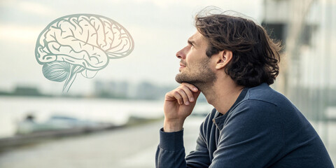 A Thoughtful Man with a Brain Illustration in the Background Symbolizing Innovation