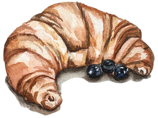 French all butter croissant with berries watercolor illustration