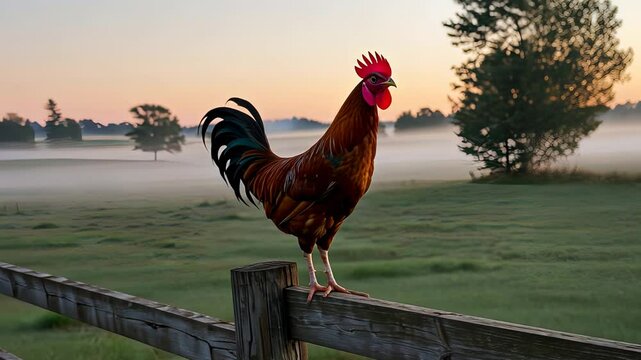 Beautiful brown rooster standing on a wooden fence overlooking a misty field at sunrise. Farm animal footage.