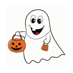 Friendly cartoon ghost character holding a striped trick or treat bag perfect for halloween celebrations