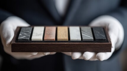 Hand in white gloved professional presenting a curated palette of luxury material samples, including marble, stone