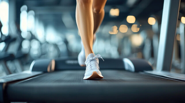 Close-up of woman's legs walking on a treadmill in a gym