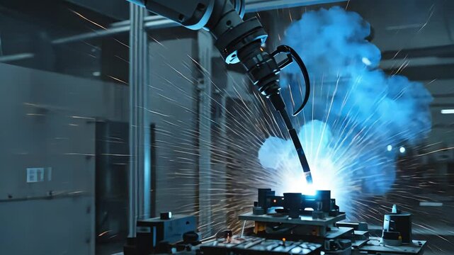 Robotic arm welding metal on factory assembly line. Industrial robot working manufacturing process. Metallurgy automated work footage.