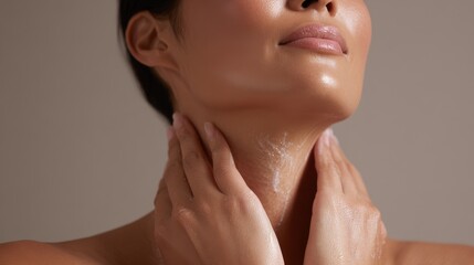 Woman applying anti-aging cream or moisturizer to her neck for a daily skincare routine