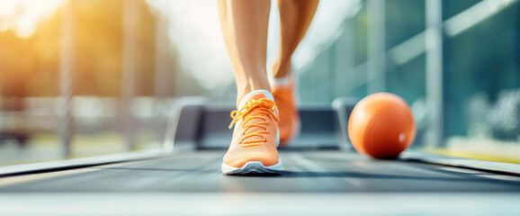 Close-up of woman's legs walking on a treadmill