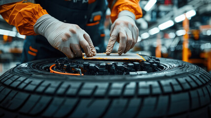 Close-up of worker inspecting a tire rim in a factory