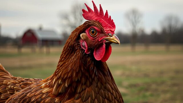 Close up of a brown chicken in a rural setting with a barn and silo in background footage.