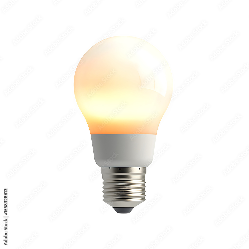 Aufkleber hyper realistic led light bulb lit warm glow isolated, pure white background subtle soft shadow clea