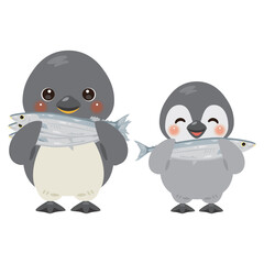 魚を抱えたペンギン親子のキャラクターイラスト