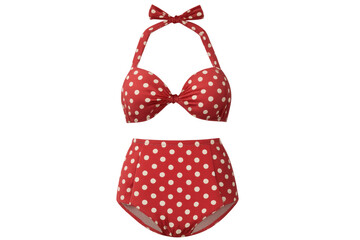 Red two-piece polka dot bikini isolated on a transparent background, perfect for summer fashion projects