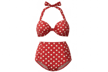 Red two-piece polka dot bikini isolated on a transparent background, perfect for summer fashion projects