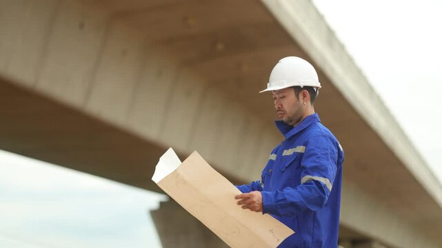 inspector or engineer is inspecting construction and quality assurance new house using a blue print. Engineer or architects or contactor work to build the house before handing it over to the homeowner