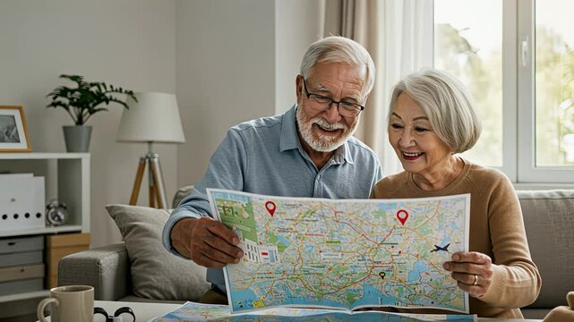 Happy senior man and woman planning travel with map sitting on living room sofa. Adventure trip preparation footage.