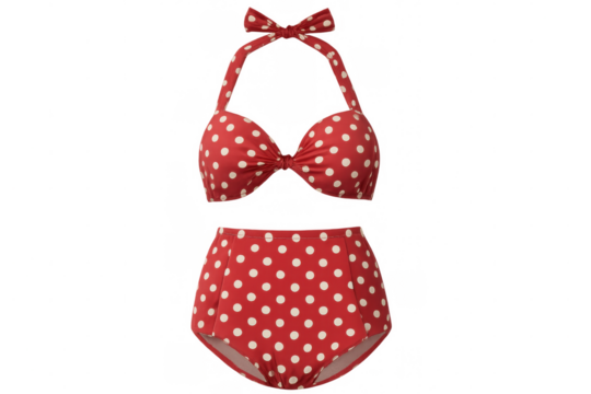 Red two-piece polka dot bikini isolated on a transparent background, perfect for summer fashion projects