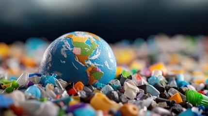 A toy Earth slowly sinking into a pile of colorful plastic waste, visualizing pollution crisis