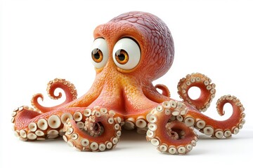 A 3D cartoon octopus character, isolate on white background, with playful features and a cheerful expression.