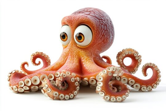 A 3D cartoon octopus character, isolate on white background, with playful features and a cheerful expression.