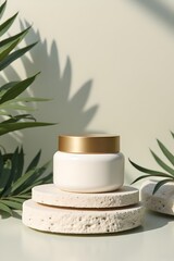 White Cream Jar with Gold Lid – Luxury Skincare Composition on Stone with Botanical Shadow Styling.