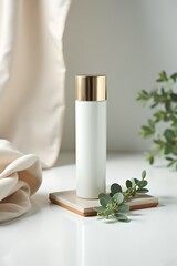 White Cosmetic Tube on Ceramic Tile – Elegant Product Styling with Draping and Botanical Accent.