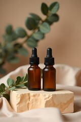 Amber Essential Oil Bottles on Travertine Block – Natural Wellness Setup with Silk and Botanical Styling
