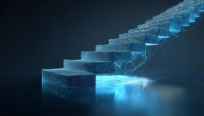 A digital staircase with blue glowing lines and connections ascending into the darkness above