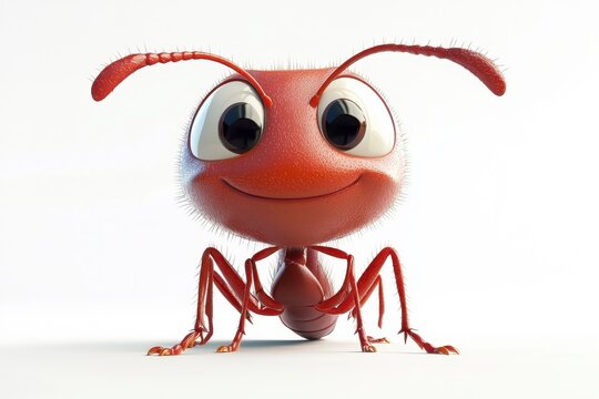 A 3D cartoon ant character, isolate on white background, designed with whimsical features and charm.