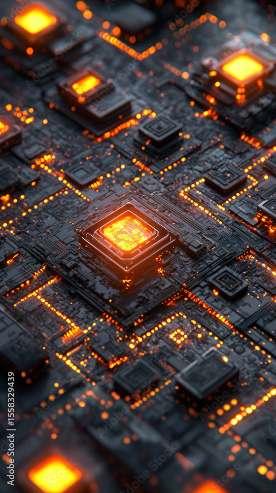 Poster close-up view of a futuristic circuit board with glowing components. intricate network of dark gray 