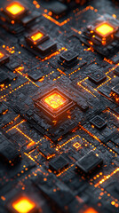 Close-up view of a futuristic circuit board with glowing components.  Intricate network of dark gray components, highlighted by fiery orange light