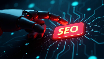 Futuristic Robotic Hand Pressing SEO Button on Digital Interface  AI-Powered Search Optimization Concept
