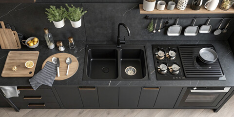 A Top View of a Black Kitchen Interior Featuring a Sink and Counter for Modern Cooking