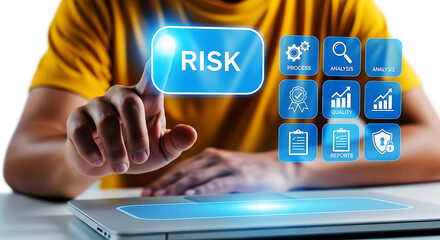 Person interacting with a digital interface displaying risk management concepts