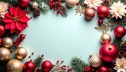 Festive christmas decorations with ornaments and flowers home setting flat lay arrangement bright colorful background holiday spirit