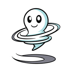 Playful ghost character spinning in a colorful dynamic swirl on a clean white background