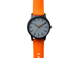 Stylish Black Cased Wristwatch with Bright Orange Silicone Strap Grey Face and Orange Accents Isolated on a transparent background