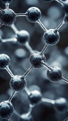 Close-up view of interconnected molecular structure.  Dark grey spheres linked by transparent rods