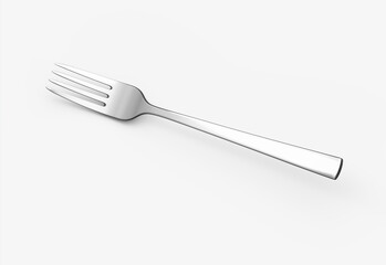 A sleek stainless steel fork with a reflective finish and a slightly curved handle. 3D Illustration