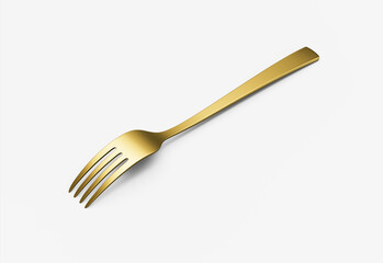 A sleek gold-plated fork with a reflective finish and a slightly curved handle. 3D Illustration