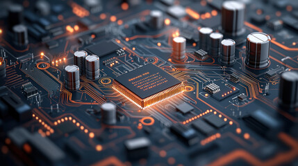 Close-up view of intricate circuit board with glowing central processor