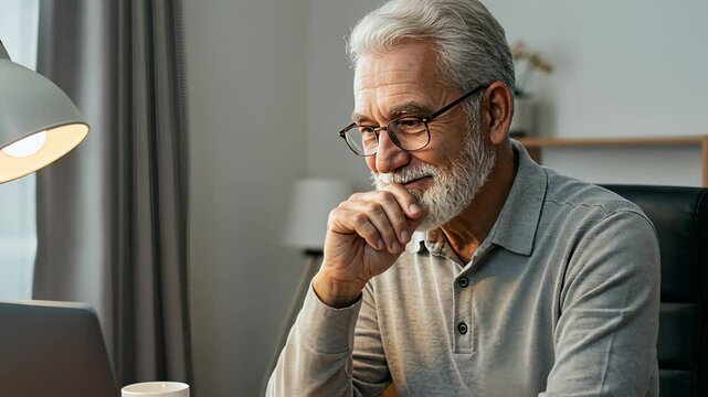 Senior caucasian man working from home. Happy elderly male using laptop computer, looking at screen. Remote work video.