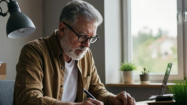 Mature man works home during day with laptop. Senior male uses computer at desk in office room, writing notes. Footage.