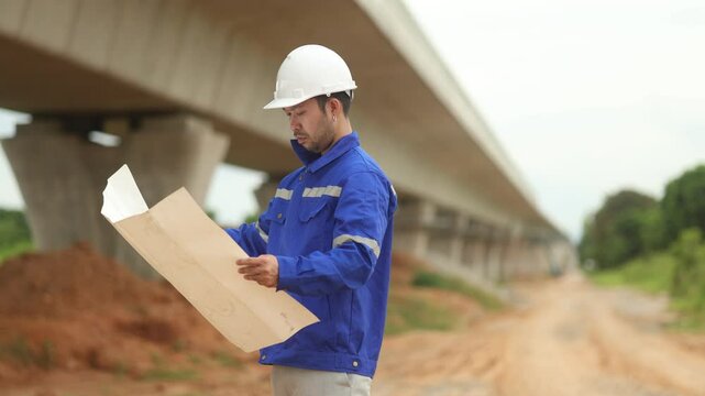 inspector or engineer is inspecting construction and quality assurance new house using a blue print. Engineer or architects or contactor work to build the house before handing it over to the homeowner