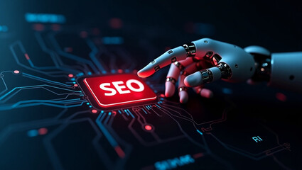Futuristic Robotic Hand Pressing SEO Button on Digital Interface  AI-Powered Search Optimization Concept