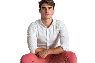 Handsome young man sitting confidently with arms crossed, wearing white shirt and red pants in minimalist indoor setting during bright daylight